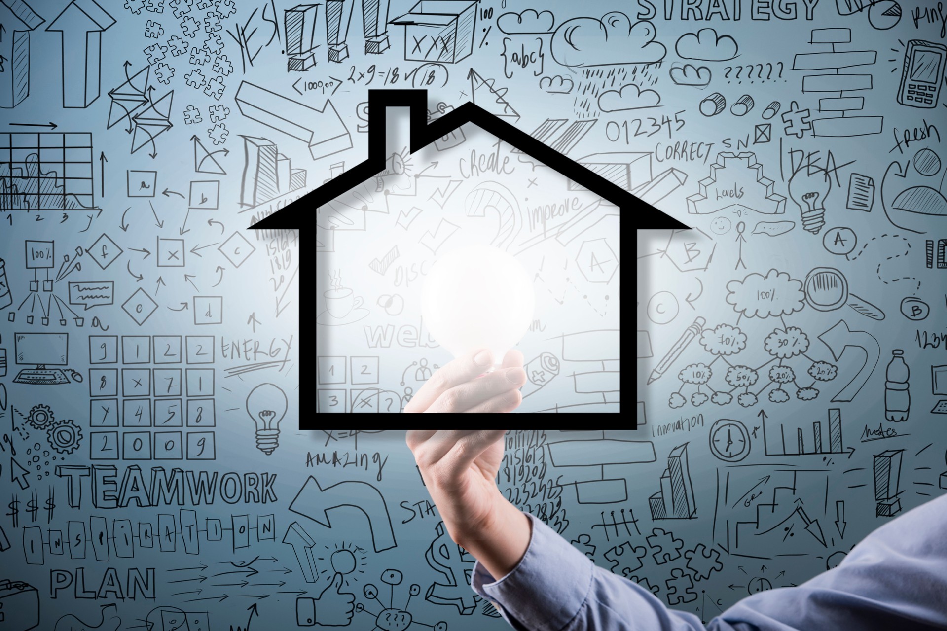 Businesswoman holding bulb behind the house with charts and diagrams on the blue background (Click for more)